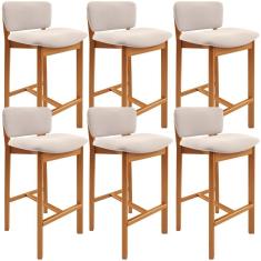 Kit 6 Banquetas Dara L02 Assento Tecido Base Madeira Encosto Fixo Altura 74 cm Bege