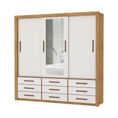 Guarda Roupa Roupeiro Anjos 3 Portas De Correr Com Espelho Central 9 Gavetas Carioca Cinamomo Off White