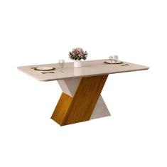 Mesa Para Cozinha Rubi + Tampo Madeirado Vidro 170x90cm Freijó-off White-off White - Dj Móveis