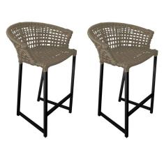 Kit 2 Banquetas Reis Em Corda Náutica E Base Em Alumínio Preta Para área Gourmet Externa Rami Bege