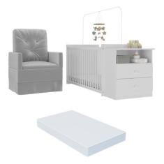 Berço Cômoda com Colchão Incluso e Poltrona de Amamentação Meu Bebê Mu