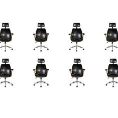 Kit Com 8 Cadeiras De Escritório Presidente Giratória Com Apoio De Cabeça Office Lisboa Preto