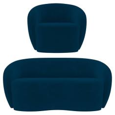 Sofá 3 Lugares Living 180cm E 1 Poltrona Giratória Garbin Z08 Veludo Azul Marinho - Mpozenato