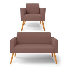 Sofá Namoradeira com Poltrona Pés Palito Castanho Marisa Veludo Rosê D03 - D'Rossi