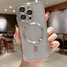 Para galvanize a caixa do telefone do protetor da lente para o iPhone 15 11 12 13 14 Pro Max Plus Carga Sem Fio Bumper Glitter Capa, Prata, Para iPhone14Pro Max