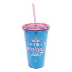 Copo Azul Com Canudo Melhores Amigas 450ml - Projeto Kiwi - Minas de P