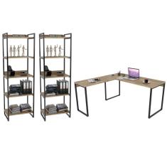 Kit Escritório Estilo Industrial Mesa e 2 Estantes Carvalho