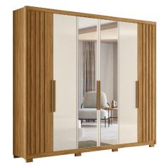 Guarda Roupas Casal Ripado com Espelho 6 Portas 4 Gavetas 2,60m Araguaia Freijó / Off White Moval