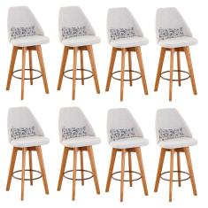 Kit 08 Banquetas Alta Maya Giratória Com Encosto Linho Bege Claro e Almofada Flores - Aurora Line