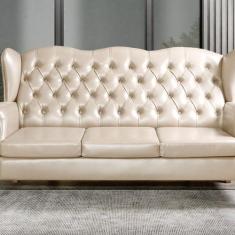 Sofá 3 Lugares Capitonê Vintage Imperador Chesterfield Bege - BELLA DE