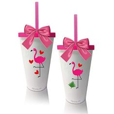 Kit 2 Copos com Tampa, Canudo e Laço Rosa Personalizados Flamingo Dia das Crianças