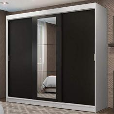 Guarda-Roupa Casal Madesa Kansas 3 Portas de Correr com Espelho 3 Gavetas - Branco/Preto