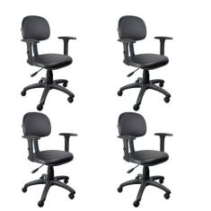 Kit 4 Unidades Cadeira Escritório Secretária Giratória com Braço Regulável em Couro Preto