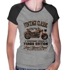 Baby Look Raglan Vintage Classic Moto - Foca na Moda, Cinza, Preto, G