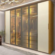 Guarda-roupa Casal 6 Portas com 4 Portas Reflecta com Pés com Led Innova Naturale/Off White