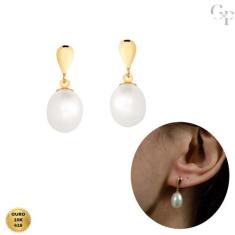 Brinco de Ouro 10K 416 com Pérola Natural Biwa Infantil e Adulto com G