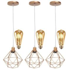 3 Pendentes Aramado Diamante Lustre Cabo Cristal P + 3 Lãmpadas Led ST
