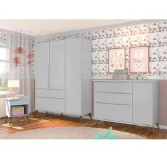 Jogo de Quarto Infantil de Bebê Melinda Cinza 100% MDF Guarda Roupa + 