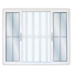 Janela de Alumínio de Correr 100x100cm 4 Folhas 2 Fixas com Grade e Vi