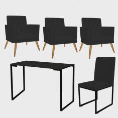 Kit Escritório Stan 3 Poltronas Maria com Cadeira e Mesa Industrial Tampo Preto Suede Preto - Ahz Móveis
