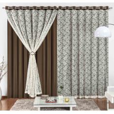 Cortina Yasmin 3 Metros Tabaco Tecido Malha Com Renda Floral Sala ou Quarto