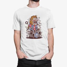 Camiseta ECF Masculina Gorila Baterista Manga Curta Branca Poliester