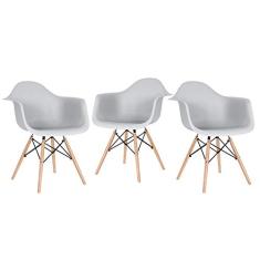 Loft7, Kit 3x Cadeiras Eames Daw Madeira Clara, Com Apoios de Braço, Escritório, Sala de Estar e Sala de Jantar, Polipropileno Madeira e Aço - Cinza Claro