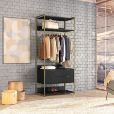 Guarda-Roupa Closet Industrial Mital com Cabideiro 2 Gavetas Preto e Dourado