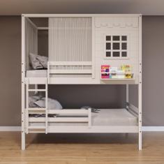 Beliche Casinha Reta Com Grade Removível E Cortina Madeira Maciça Branco Housin