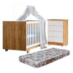 Quarto de Bebê com Berço Mini Cama com Colchão Life e Cômoda de Bebê 100% Mdf 4 Gavetas Soft Life Branco/madeirado Ypê