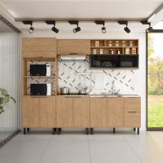 Cozinha Modulada Toscana 5 Peças em Mdf com Aéreo 1200 Porta de Vidro Basculante e Torre Quente 2 Fo Freijó