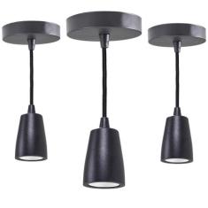 Kit com 3 Pendentes Metal Maciço Cabo Encapado Vintage E27 Preto St942