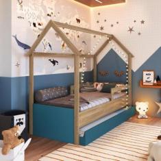 Cama Infantil Montessoriana com Cama Auxiliar 2 Colchões Aveiro Oak/Az