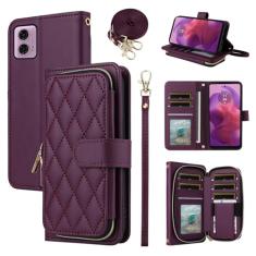 Furiet Argyle Capa carteira para Motorola G24 com alça de ombro, 9+ compartimentos para cartões, bolsa com zíper, capa de celular xadrez xadrez de luxo de couro PU para Moto G24 mulheres meninas roxo