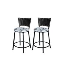 Jogo 2 Banqueta Baixa Para Cozinha Ratan Preta Estofado Floral - Lamar