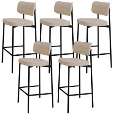 Kit 05 Banquetas Alta Bar Cozinha Sala De Jantar Aço Preto Kaira C01 Linho Areia - Lyam Decor