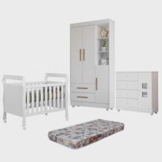Quarto de Bebê com Berço Mini Cama, Cômoda 1 Porta 4 Gavetas e Roupeiro Flocos 3 Portas 2
