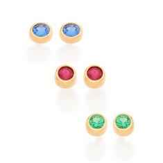 Kit Rommanel Banhado Ouro Brincos Solitários Azul Verde Rosa Infantil 