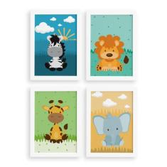 Quadros para Quarto Safari Moldura Branca 22x32 4un - Quartinhos