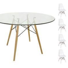 Conjunto Mesa Eames Eiffel Redonda Vidro 120cm + 4 Cadeiras Eames DSW Botonê - Branca