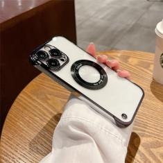 Capa de pc de carregamento sem fio fina sem moldura transparente para iPhone 14 Plus 13 12 11 Pro MAX Capa com furo magnético, preta, para iPhone 14Pro Max