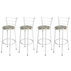 Jogo 4 Banqueta Alta Para Cozinha Epoxi Branca Estofado Floral - Lamar