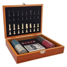 Kit Jogos com Tabuleiro de Xadrez e Caixa de Poker e Baralho
