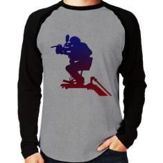 Camiseta Raglan Cinegrafista Manga Longa - Foca na Moda, Cinza, Preto,