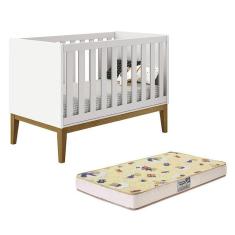 Berço Mini Cama Classic Branco Fosco Com Pés Amadeirado E Colchão Supreme - Reller Móveis Branco Fosco
