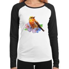 Baby Look Raglan Pássaro e Flores Manga Longa - Foca na Moda, Branco, 