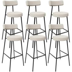 Kit 06 Banquetas Altas Cozinha Bar Sala De Jantar Em Aço Milão L02 Bouclê Creme - Lyam Decor