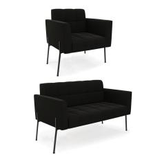 Sofá Namoradeira E Poltrona Pé De Ferro Preto Para Sala Elisa Suede D03 - D'rossi Cor Preto