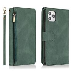 Capa tipo carteira de couro de luxo com zíper para iPhone 12 13 Mini 11 Pro XS Max XR X 8 7 6 6s Plus SE 2020 Capa de telefone para suporte de cartão flip, verde, para iPhone 7 8