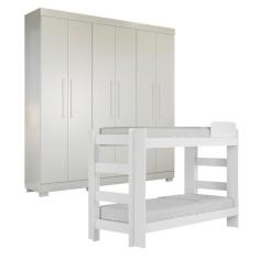 Quarto Infantil/Juvenil com Beliche 100% MDF Flórida e Guarda Roupa 6 Portas 4 Gavetas Flórida Branco